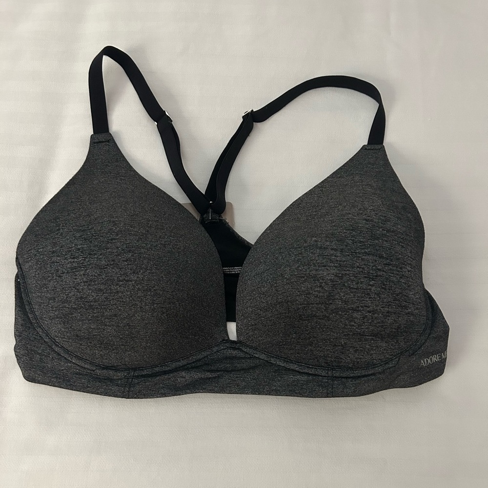 ADORE ME - PLUNGE BRA  -  SIZE 34D - RACERBACK - NO CLOSURE - JET BLACK/GRAY